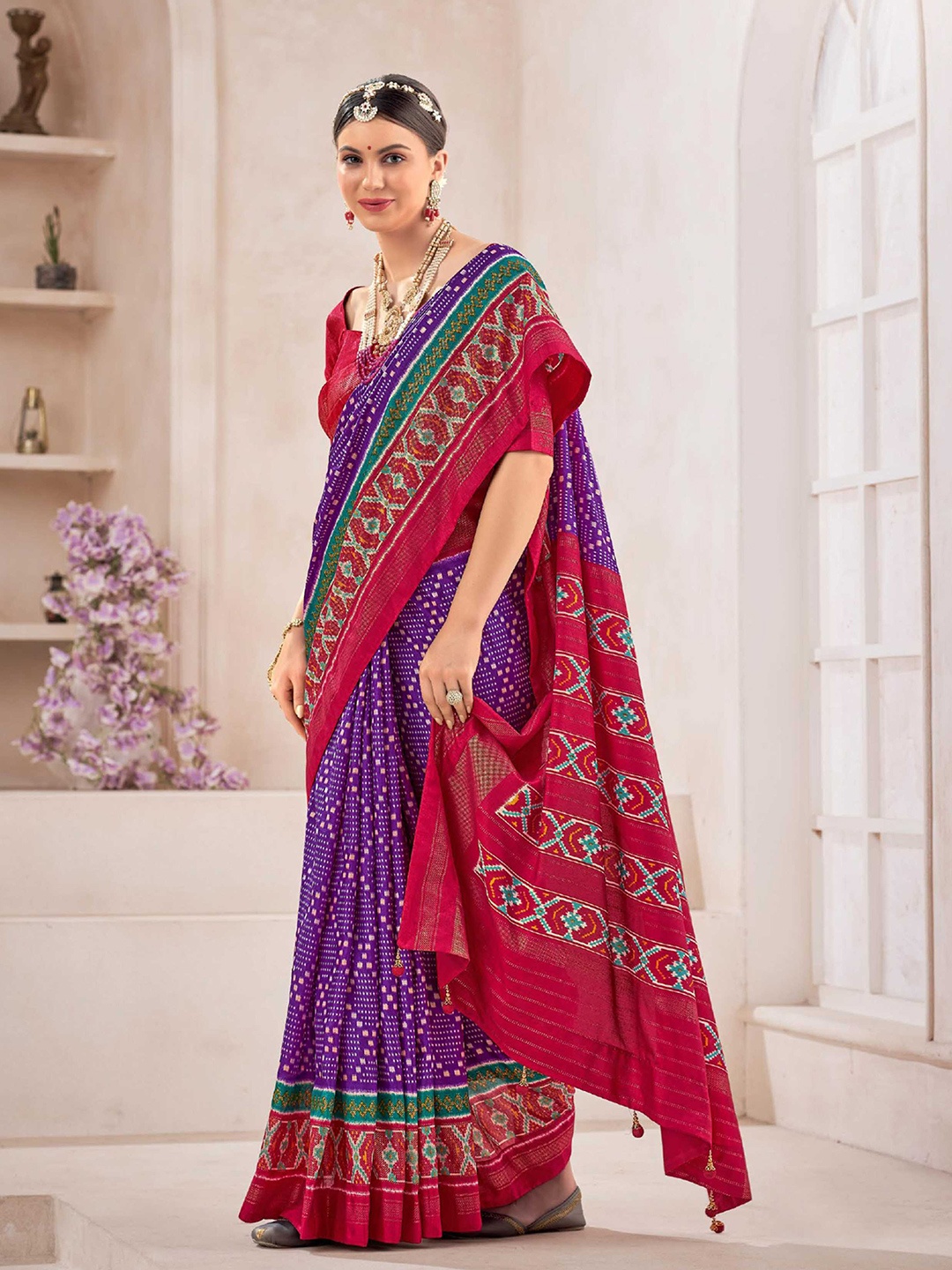 

Mitera Purple & Red Geometric Printed Zari Patola Saree