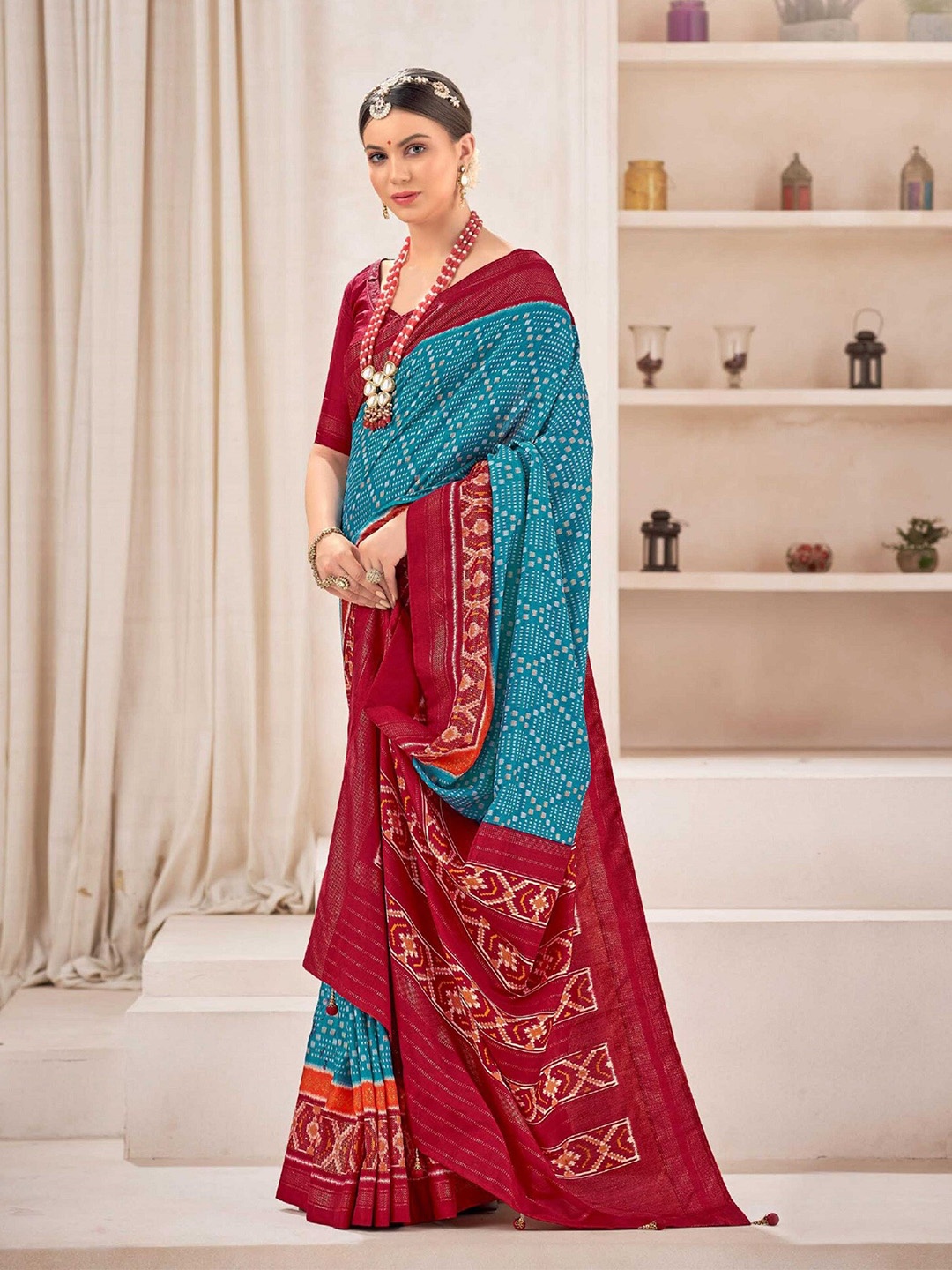 

Mitera Blue & Red Geometric Printed Zari Patola Saree