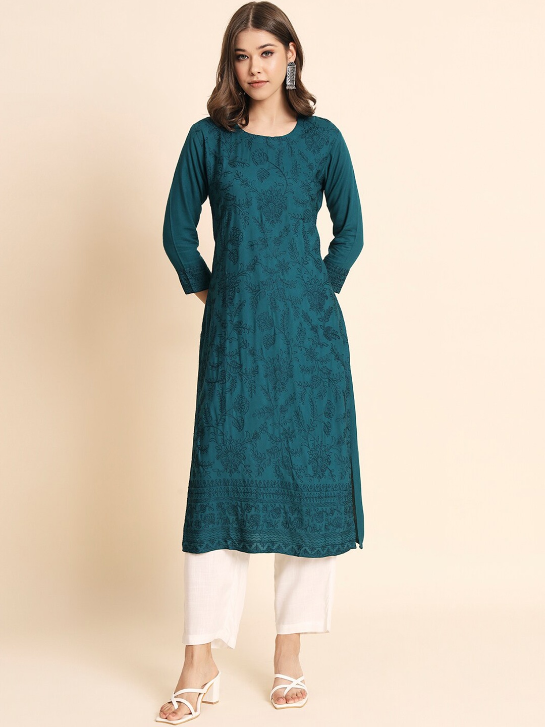 

HERE&NOW Floral Printed Round Neck Kurta, Teal