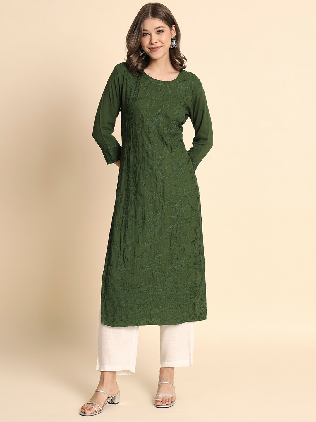 

HERE&NOW Round Neck Regular Kurta, Green