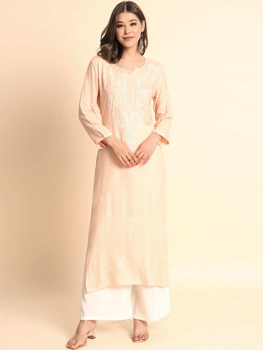 

HERE&NOW Floral Embroidered Thread Work Straight Kurta, Cream