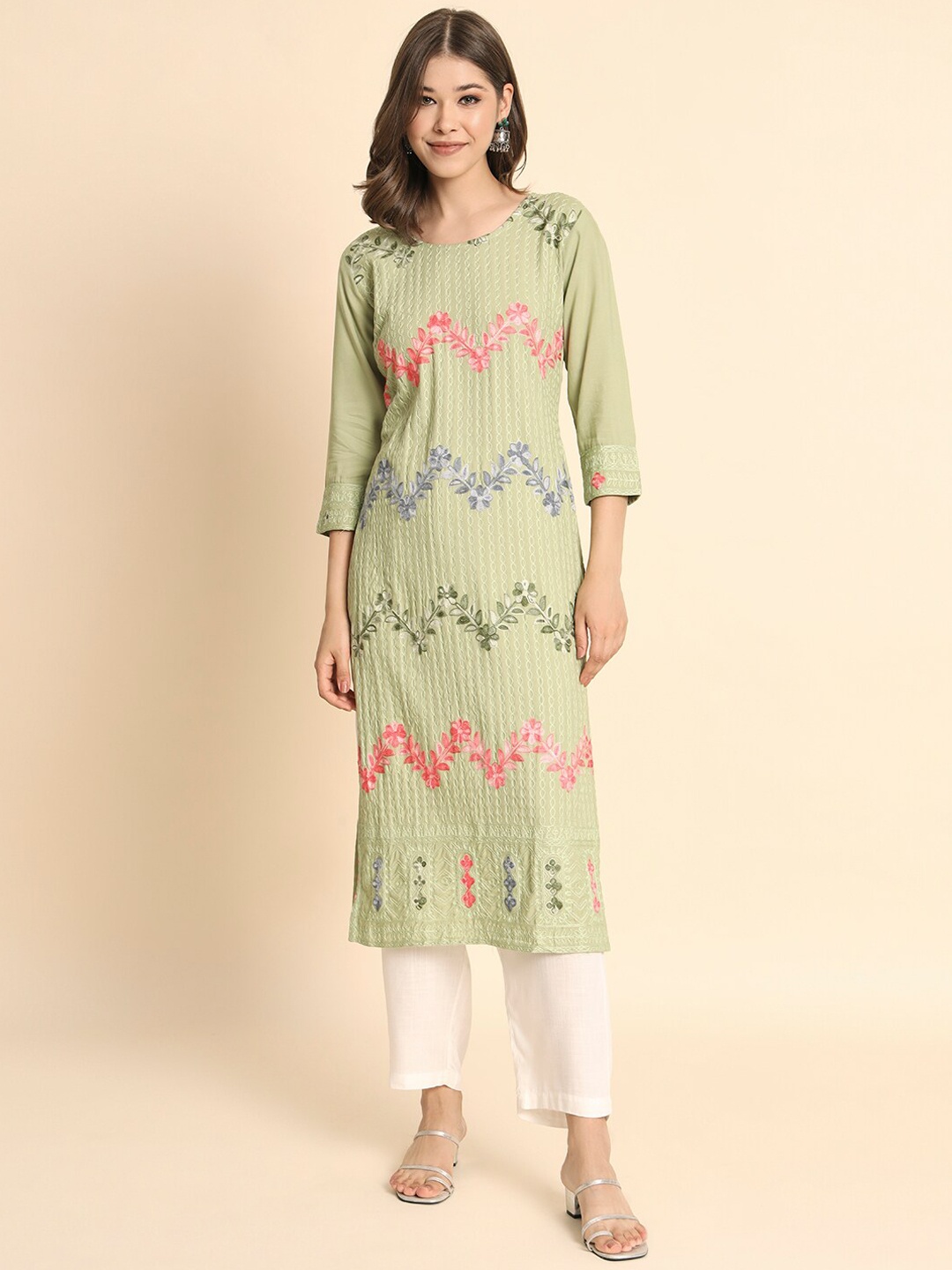 

HERE&NOW Floral Embroidered Thread Work Kurta, Olive