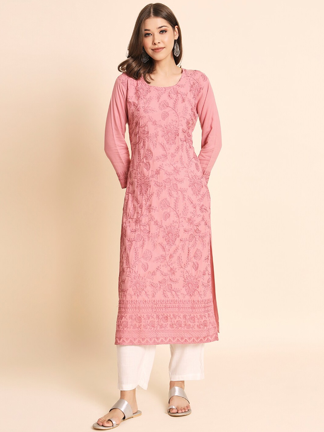 

HERE&NOW Floral Embroidered Thread Work Straight Kurta, Mauve