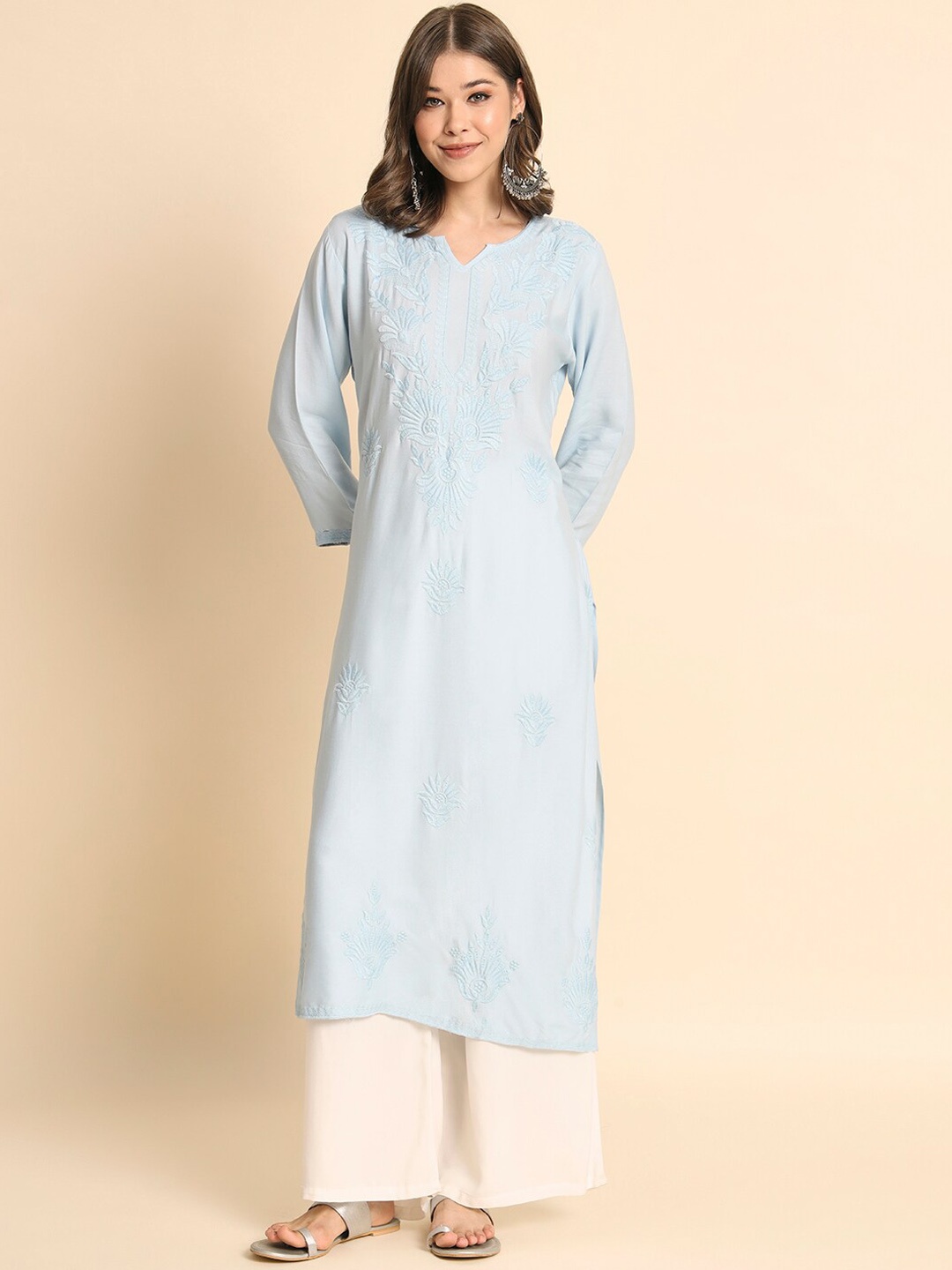 

HERE&NOW Floral Embroidered Thread Work Straight Kurta, Blue