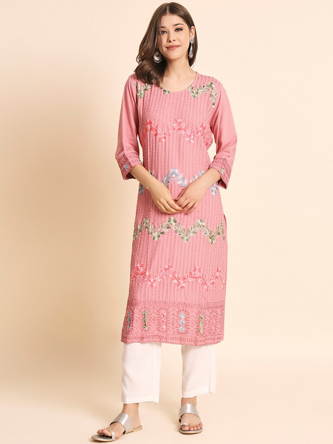 

HERE&NOW Floral Embroidered Thread Work Straight Kurta, Mauve