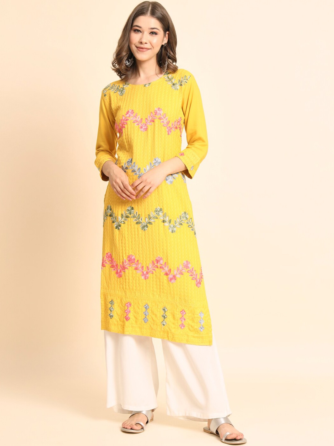 

HERE&NOW Floral Embroidered Round Neck Straight Kurta, Yellow