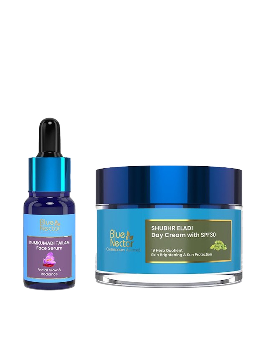 

Blue Nectar Set of ShubhrKumkumadi Tailam Face Serum (10ml) & Shubhr Eladi Day Cream (50g)