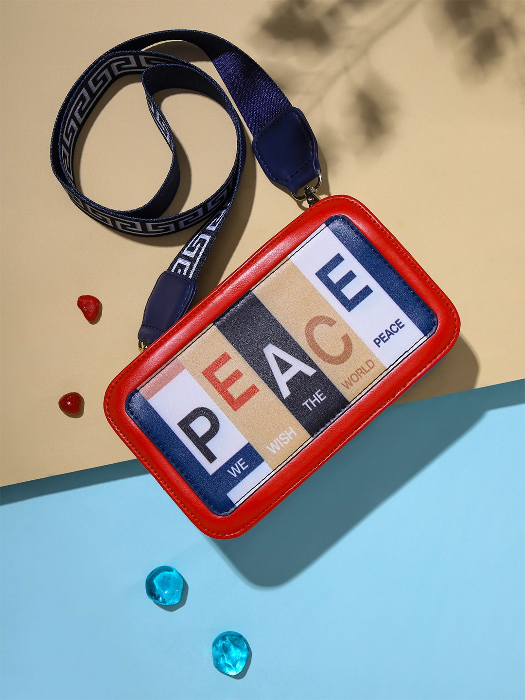 Berrylush Blue & Red Typography Printed Structured Sling Bag