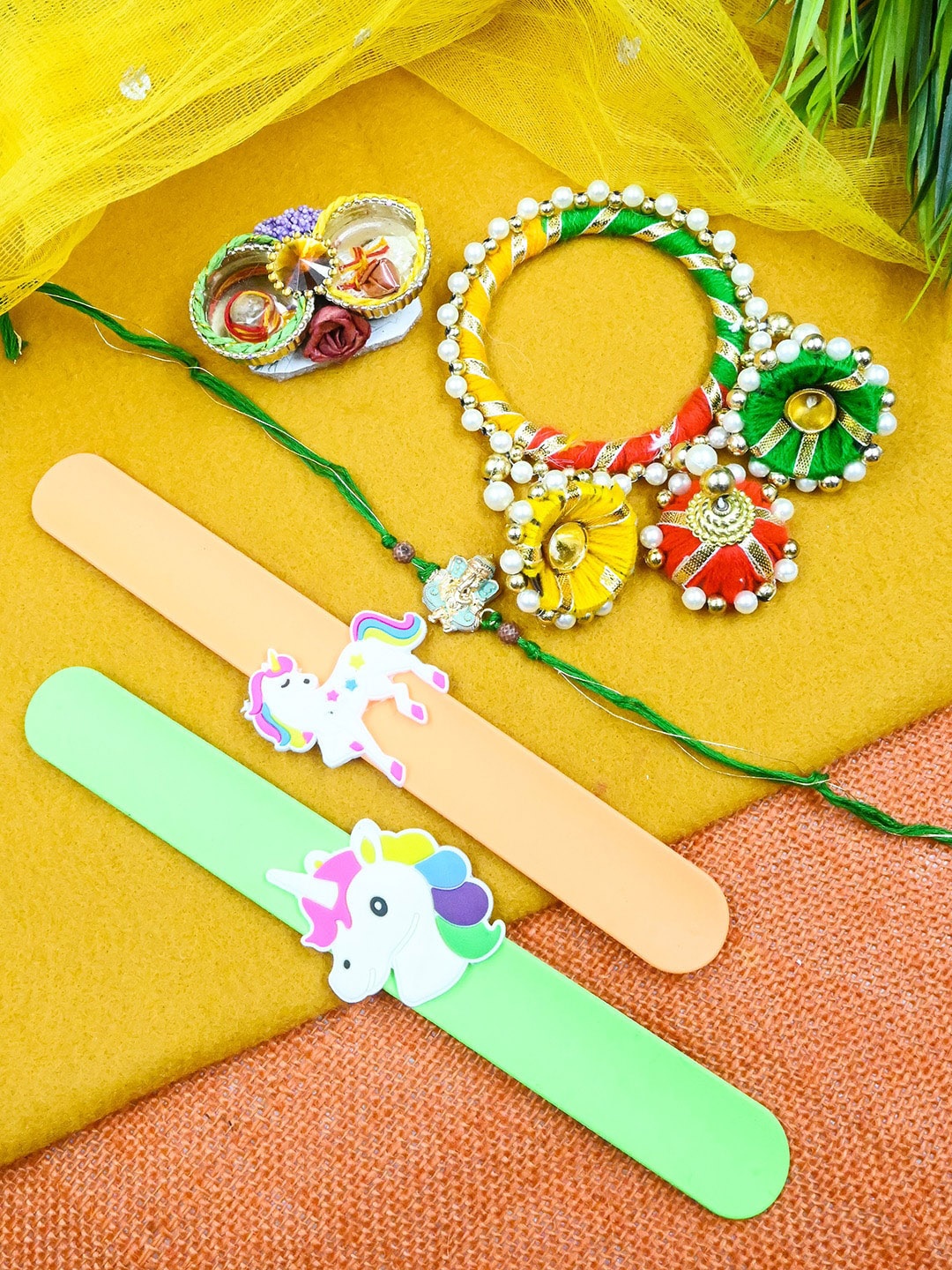 

StileAdda Handcrafted Family Rakhi Set With Roli Chawal, Green