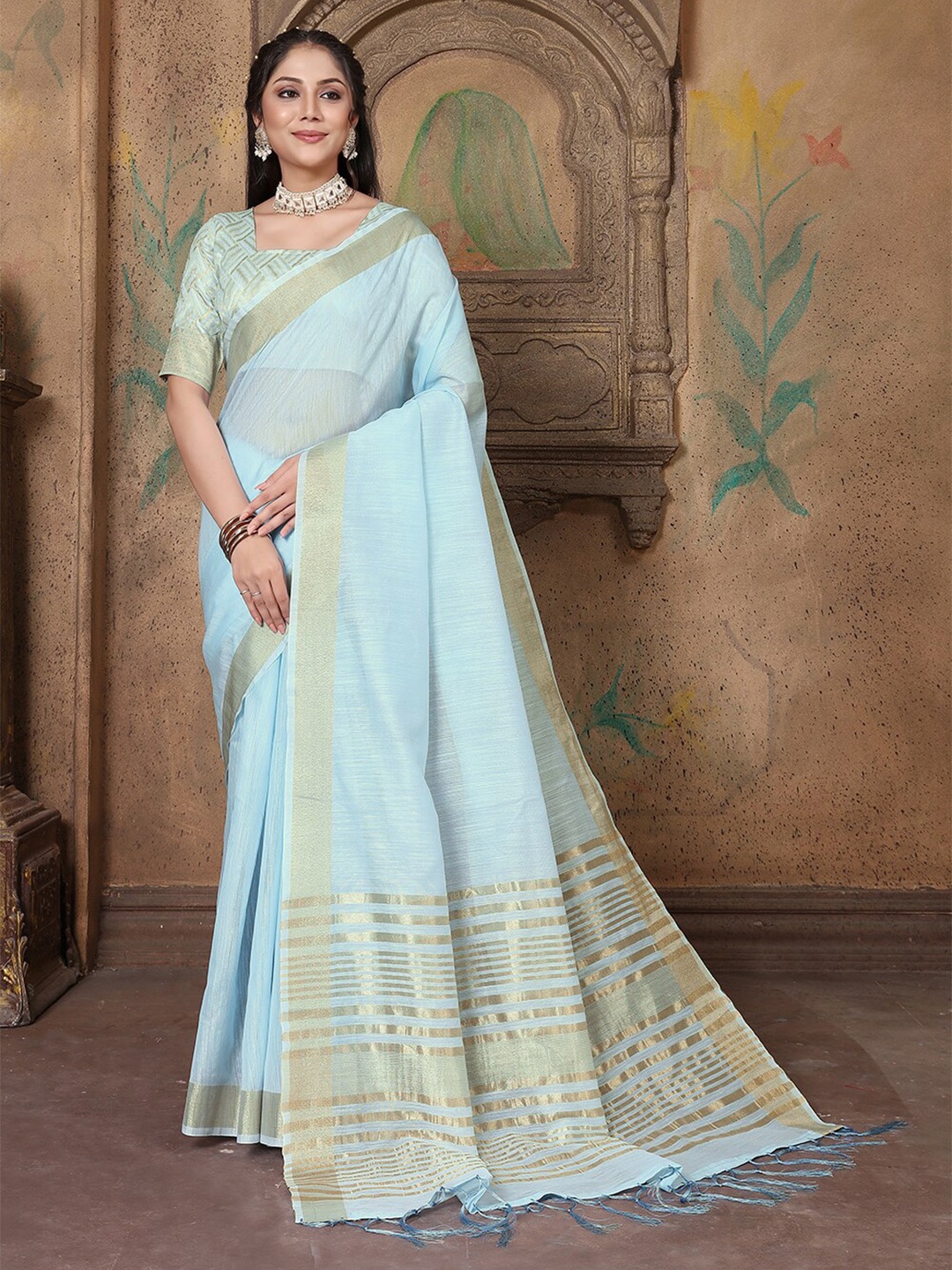 

Pisara Zari Linen Blend Saree, Turquoise blue