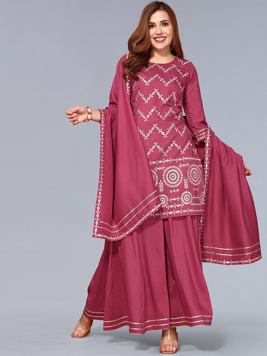 

KALINI Ethnic Motifs Embroidered Sequined Regular Kurta with Sharara & With Dupatta, Pink