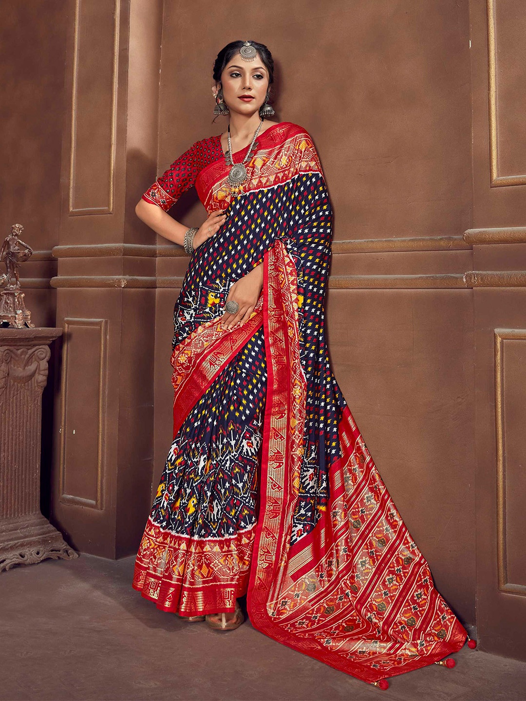 

Mitera Navy Blue & Red Geometric Woven Design Patola Saree