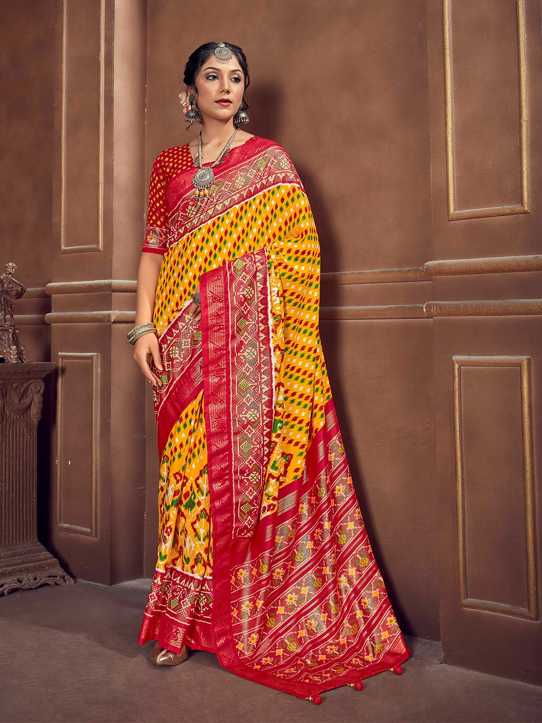 

Mitera Yellow & Red Geometric Woven Design Patola Saree