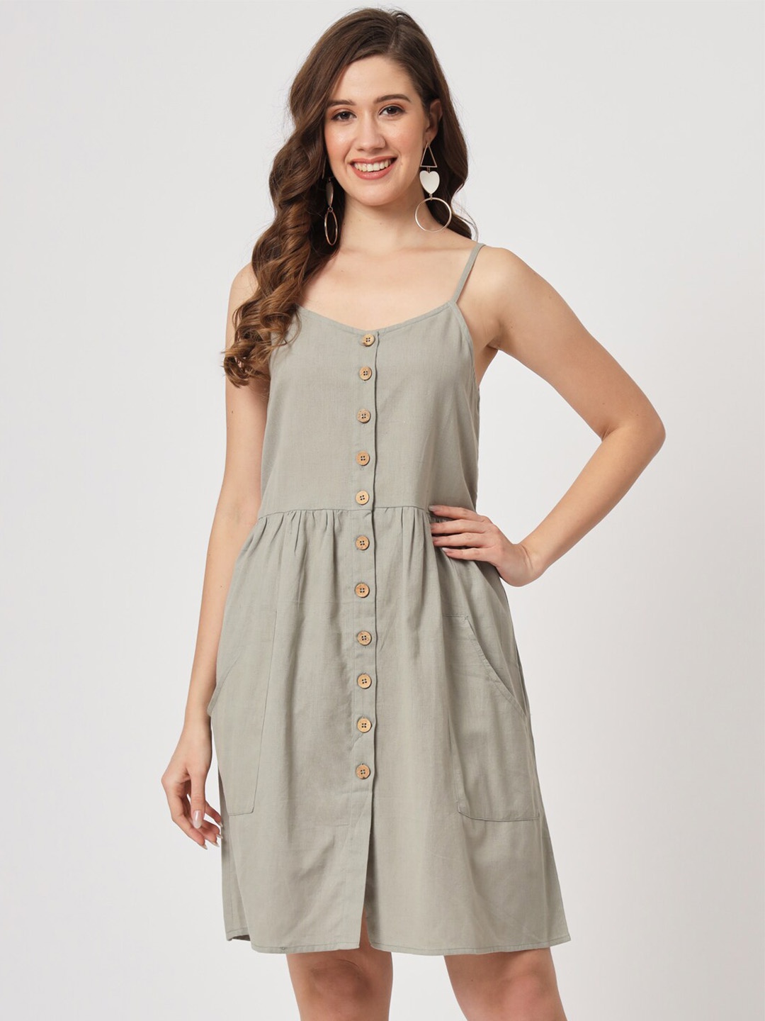 

CUFFS N LASHES Shoulder Straps Gathered Pure Cotton A-Line Dress, Grey