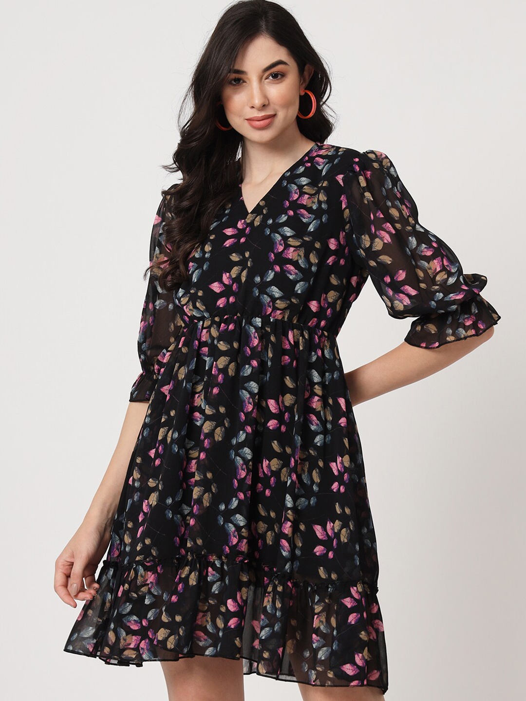 

CUFFS N LASHES Floral Printed V-Neck Bell Sleeve Georgette Fit & Flare Dress, Black