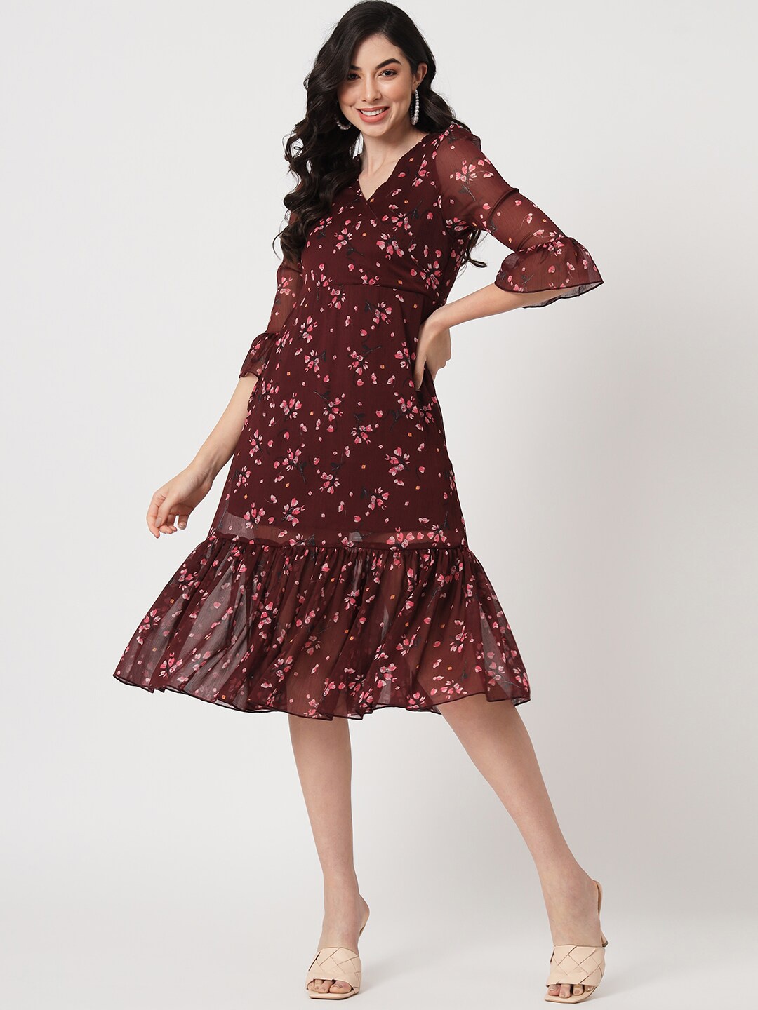 

CUFFS N LASHES Floral Printed V-Neck Bell Sleeve Gathered Tiered A-Line Midi Dress, Maroon