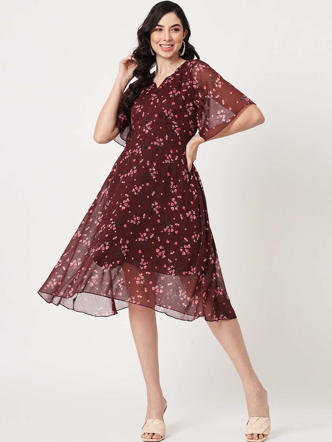 

CUFFS N LASHES Floral Printed V-Neck Flared Sleeve Gathered Fit & Flare Midi Dress, Maroon