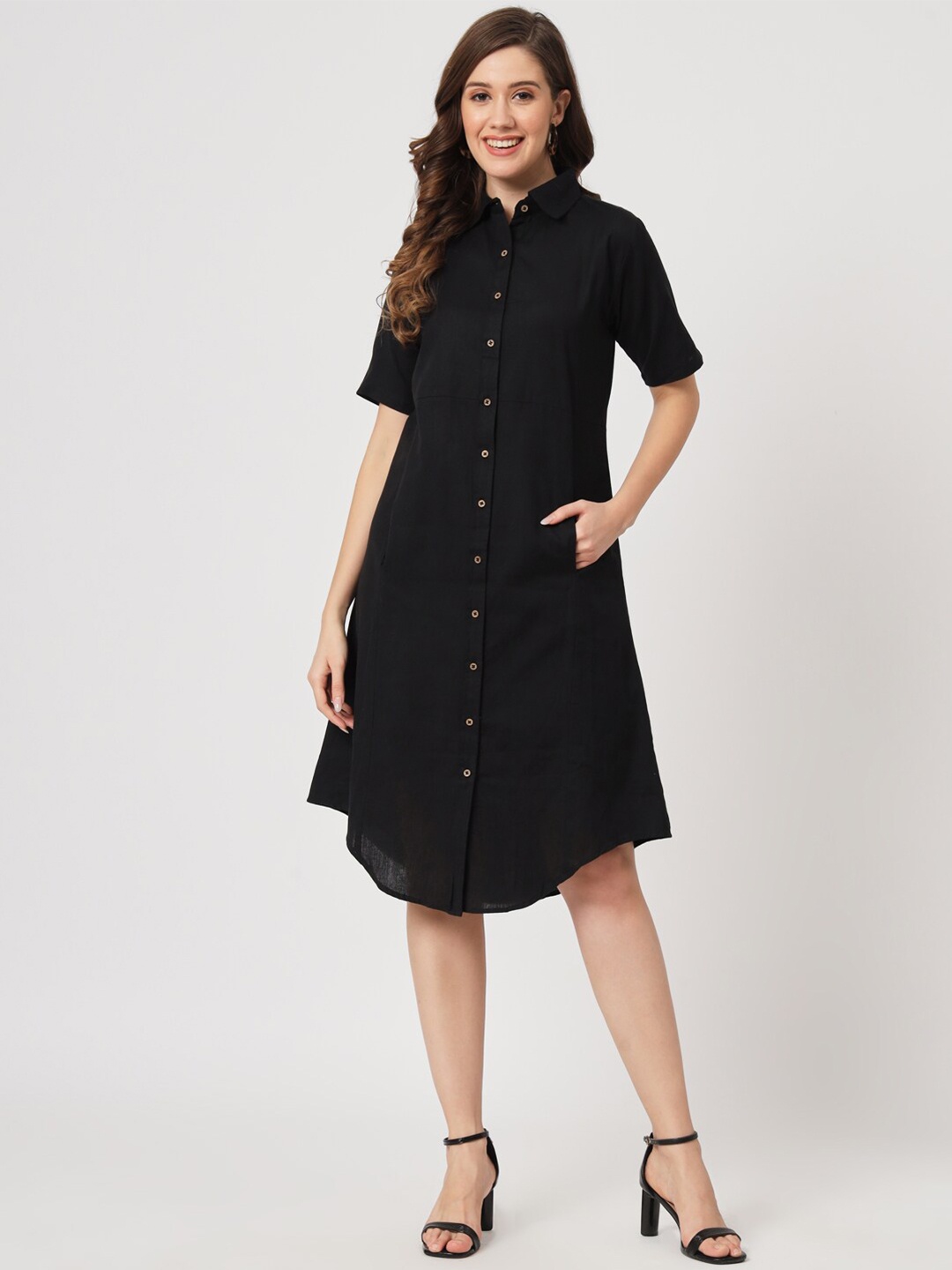 

CUFFS N LASHES A-Line Shirt Collar Cotton Shirt Dress, Black