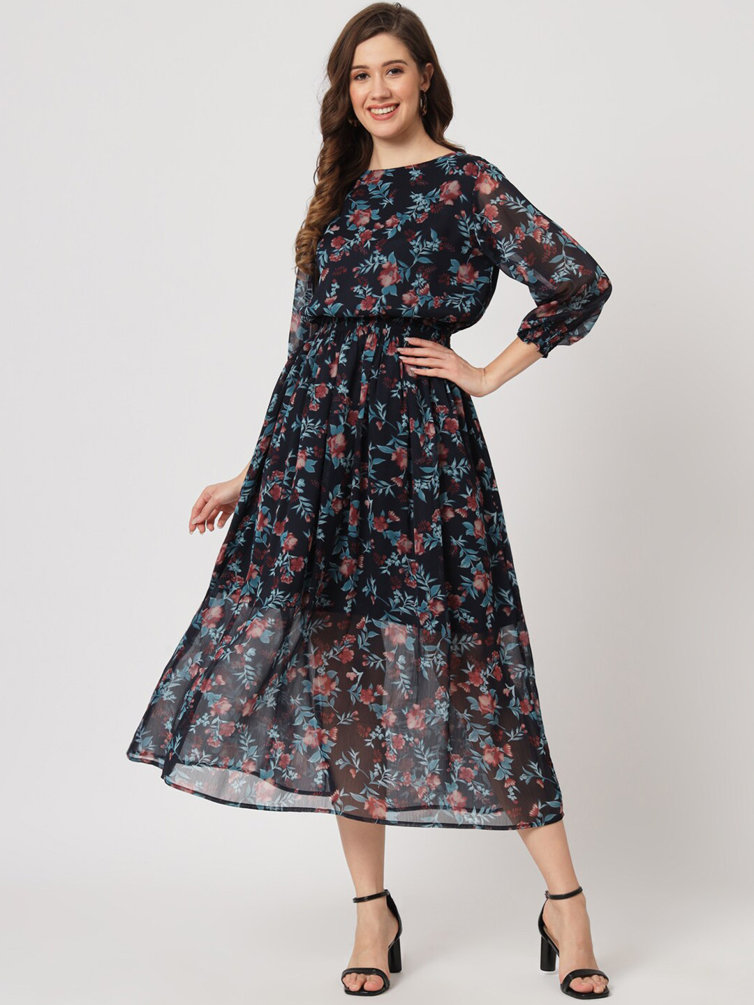 

CUFFS N LASHES Floral Print Fit & Flare Gathered Georgette Midi Dress, Black