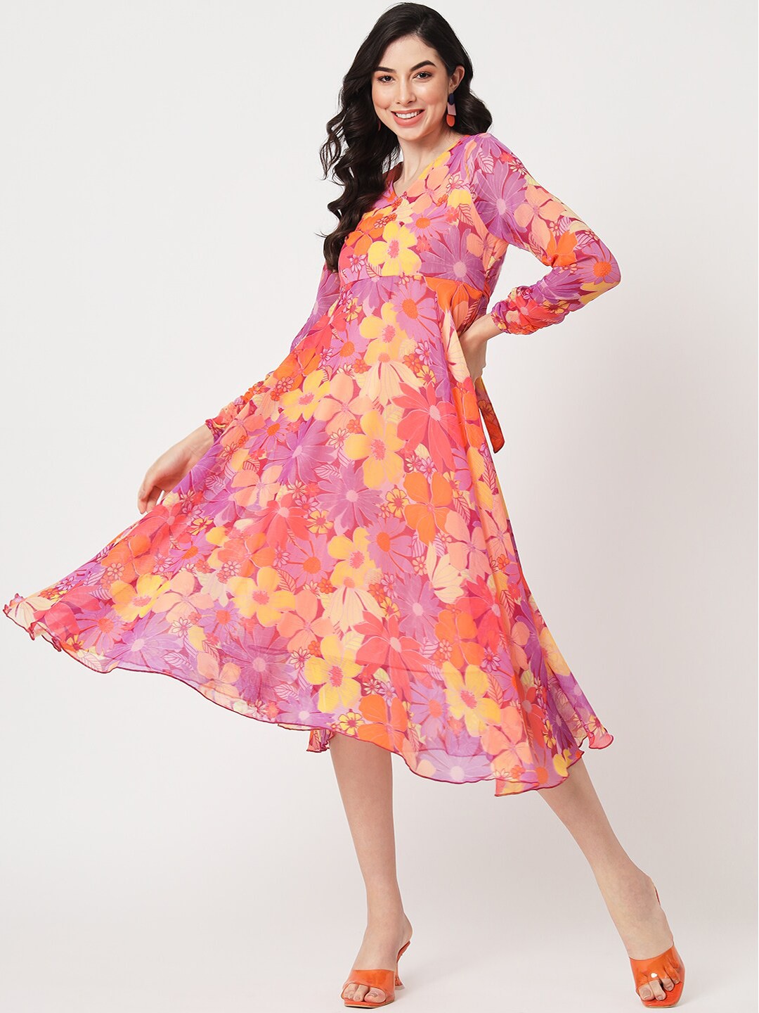 

CUFFS N LASHES Floral Print V-Neck Fit and Flare Georgette Midi Dress, Orange
