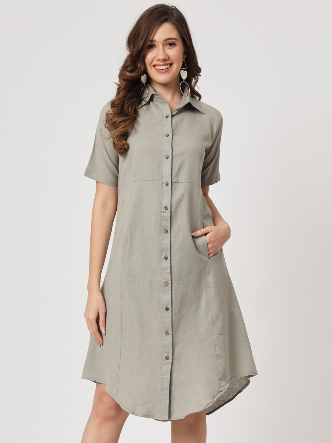 

CUFFS N LASHES A-Line Shirt Collar Cotton Shirt Dress, Grey