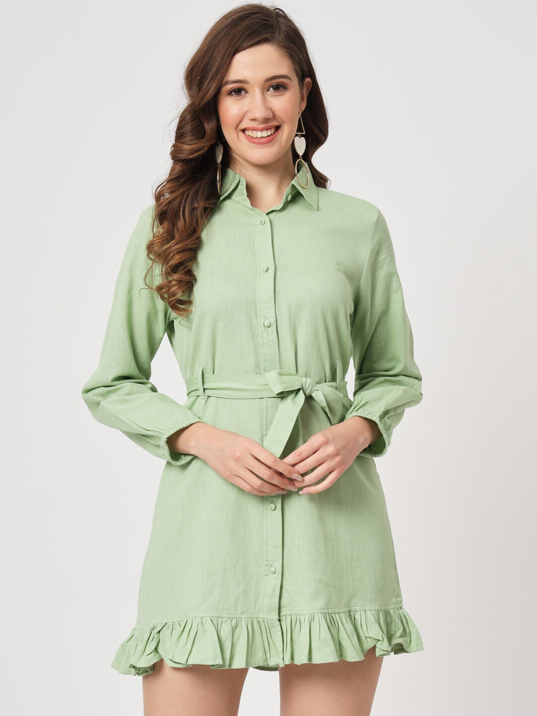 

CUFFS N LASHES Shirt Collar Cuffed Sleeves Shirt Mini Dress, Green