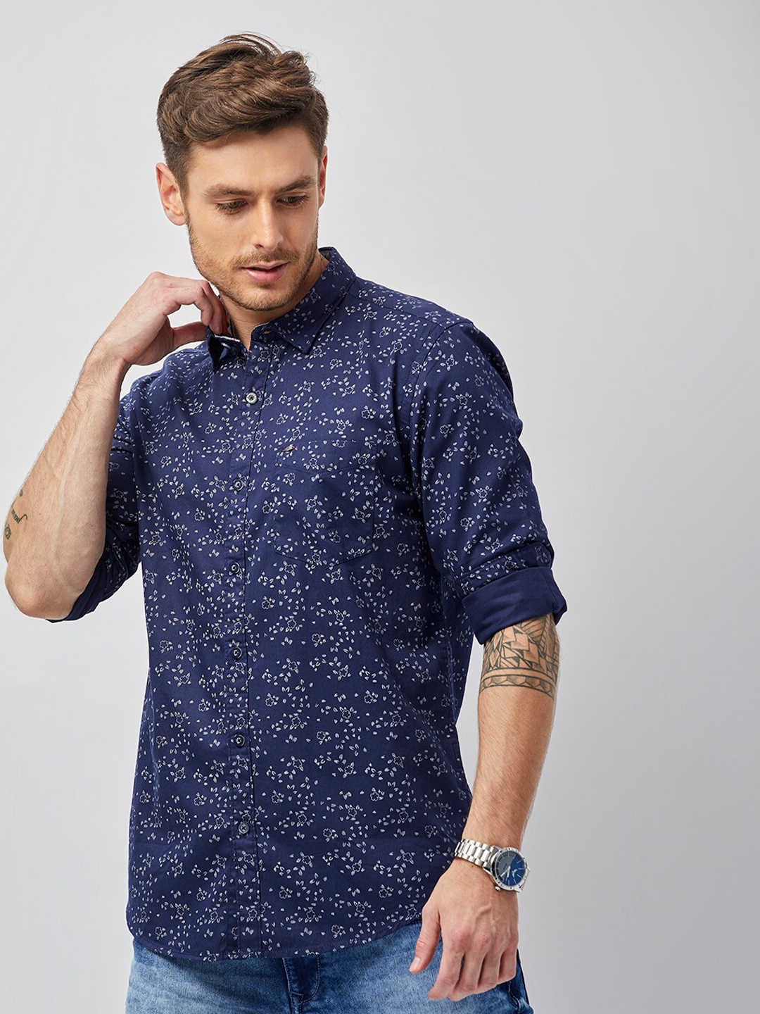 

MOZZO Classic Slim Fit Floral Printed Cotton Casual Shirt, Navy blue