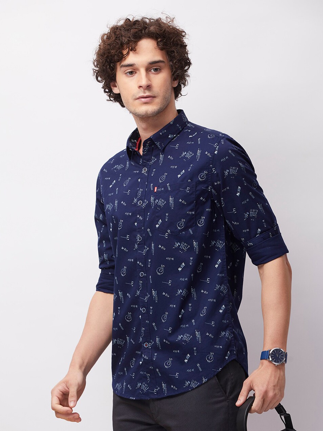 

MOZZO Classic Slim Fit Conversational Printed Cotton Casual Shirt, Navy blue