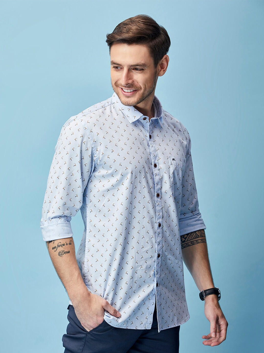 

MOZZO Classic Slim Fit Floral Printed Cotton Casual Shirt, Blue