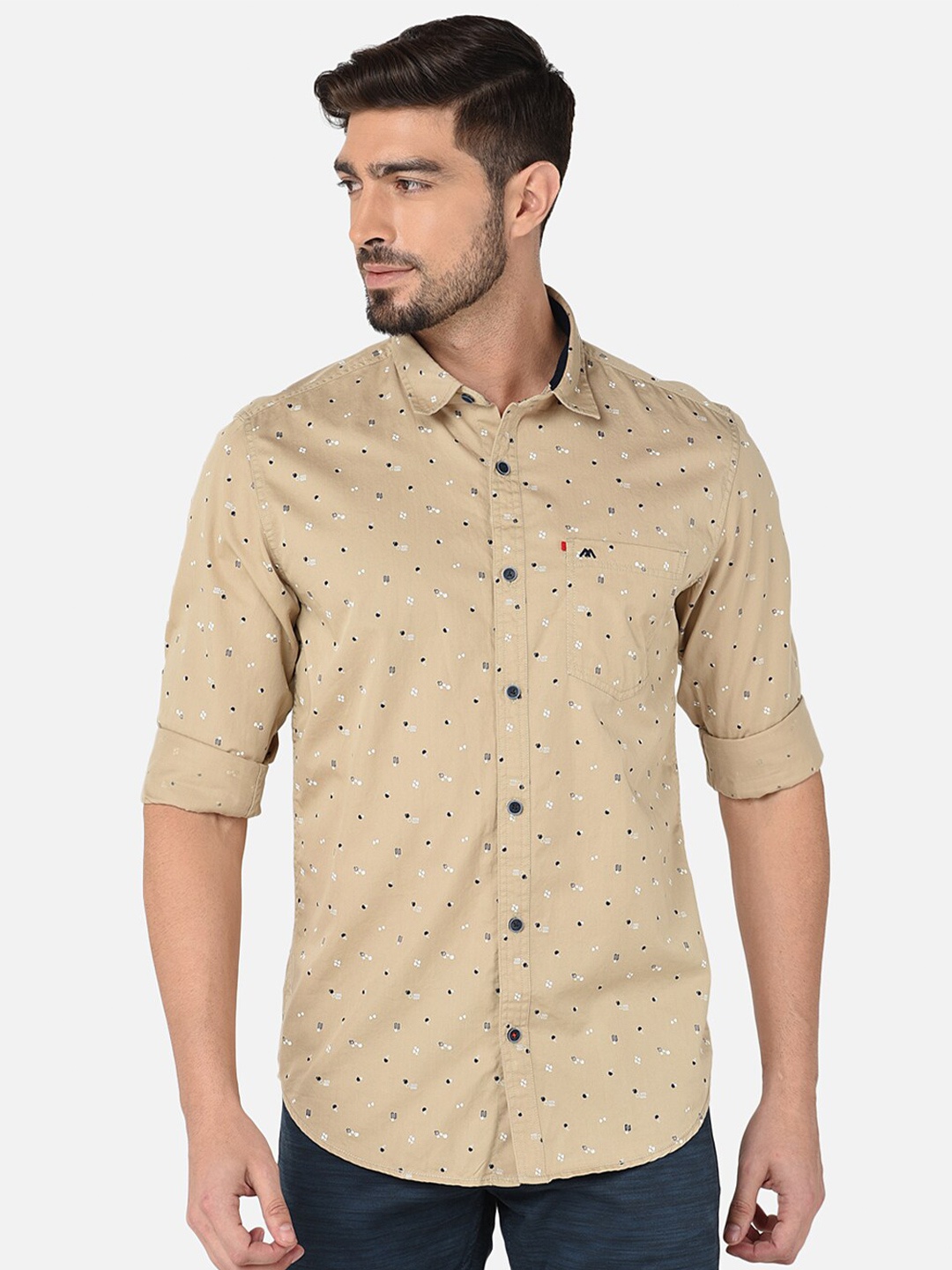 

MOZZO Classic Slim Fit Micro Ditsy Printed Cotton Casual Shirt, Beige