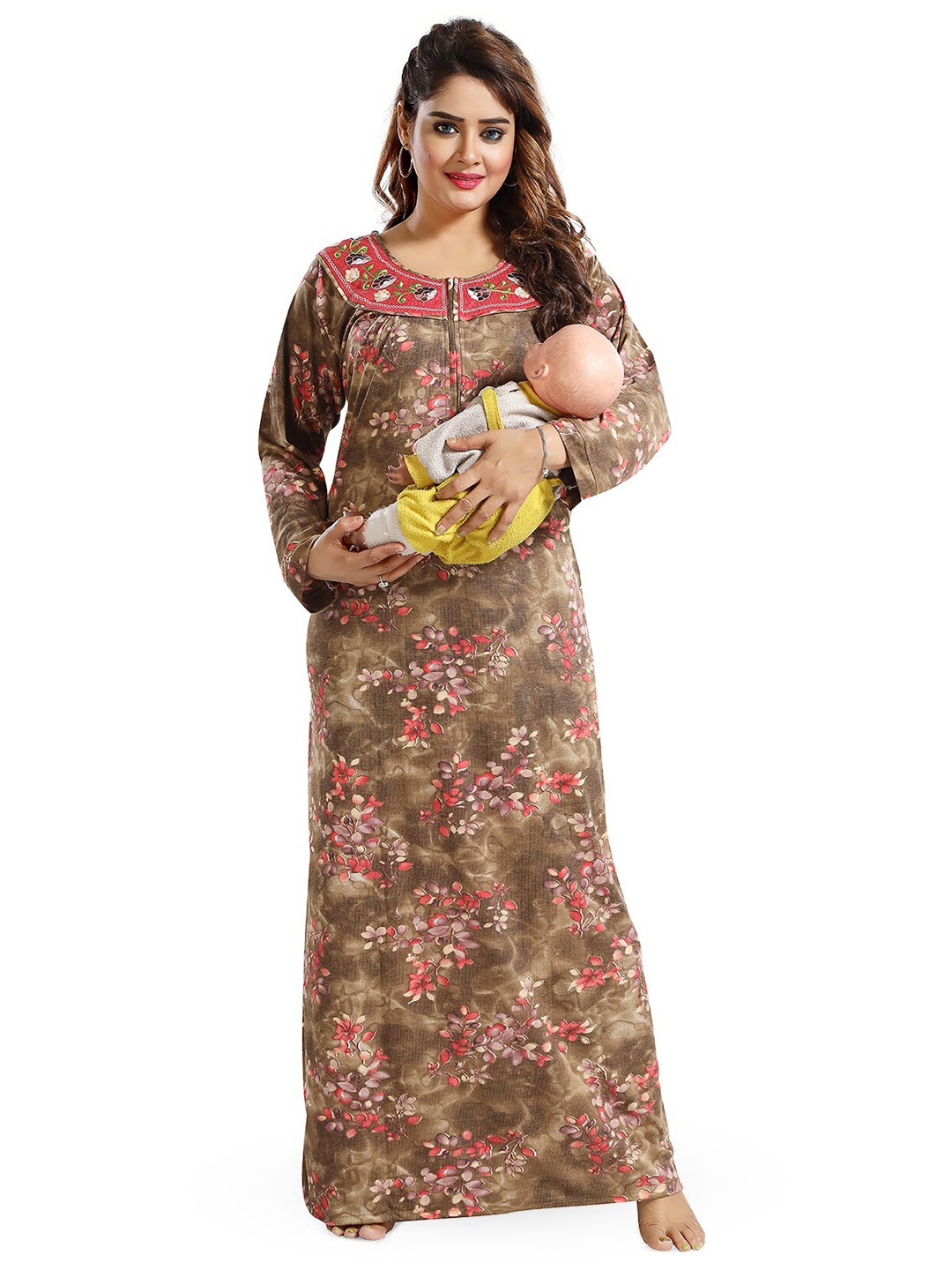 

FOMTI Floral Printed Thread Work Maxi Maternity Nightdress, Brown
