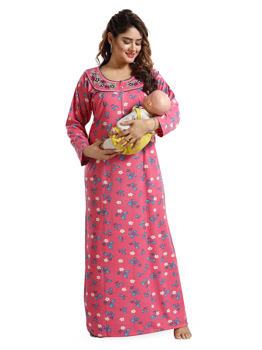 

FOMTI Floral Printed Thread Work Maxi Maternity Nightdress, Pink