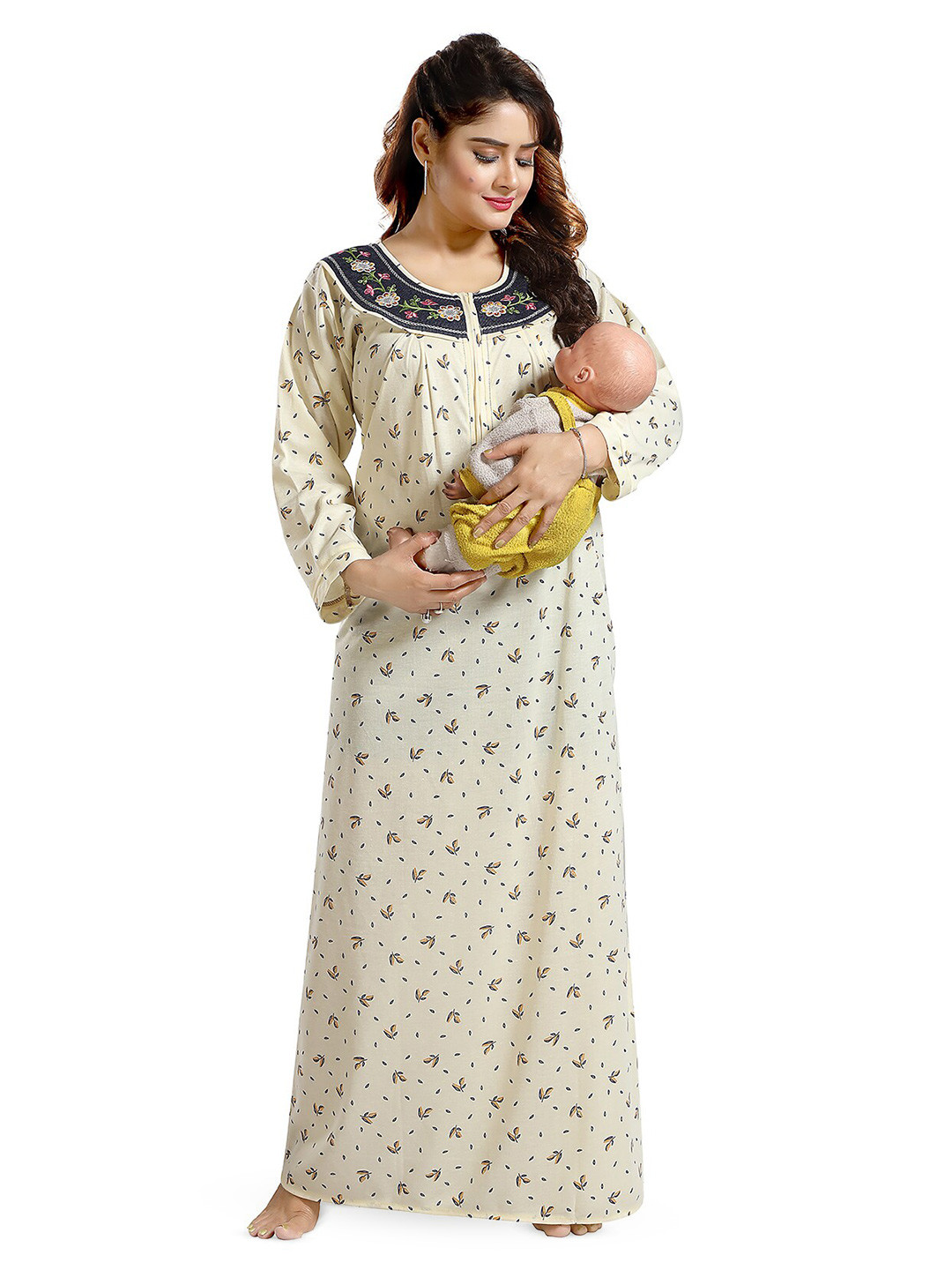 

FOMTI Floral Printed Full Sleeves Maternity Maxi Nightdress, Yellow