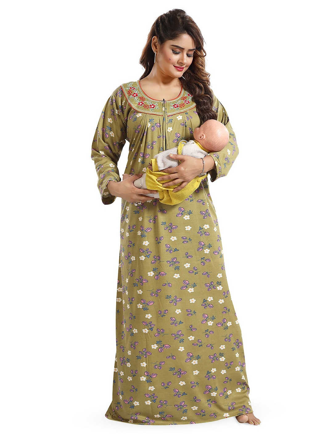 

FOMTI Floral Printed Full Sleeves Maternity Maxi Nightdress, Green