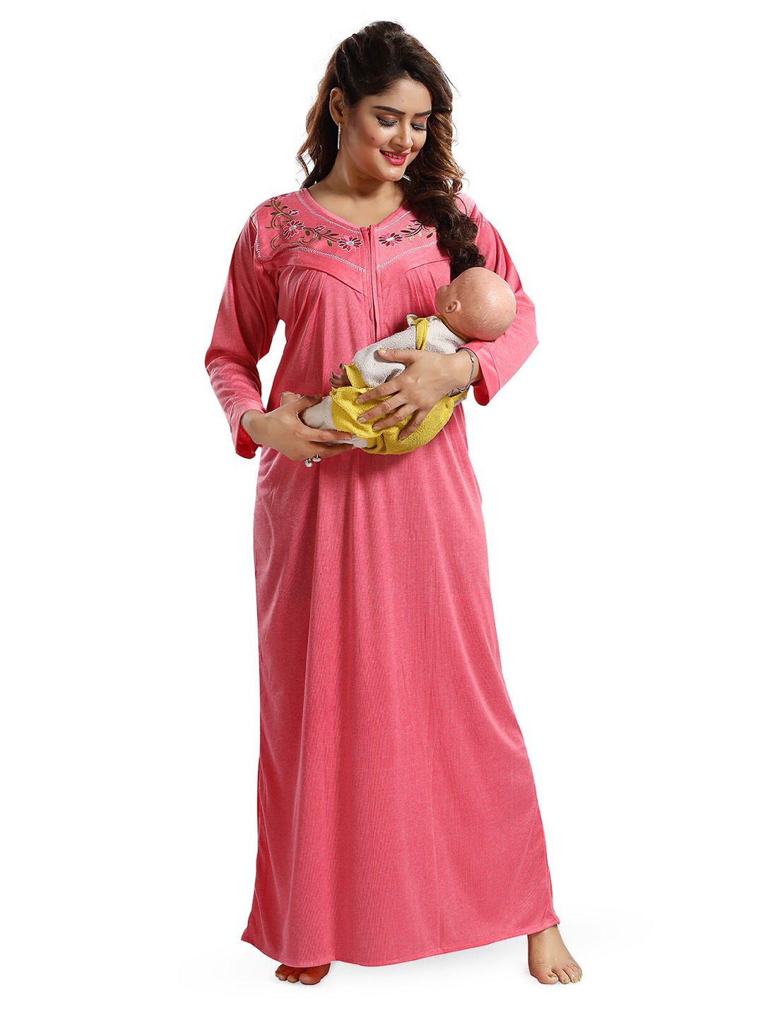 

FOMTI Textured Full Sleeves Maternity Maxi Nightdress, Pink