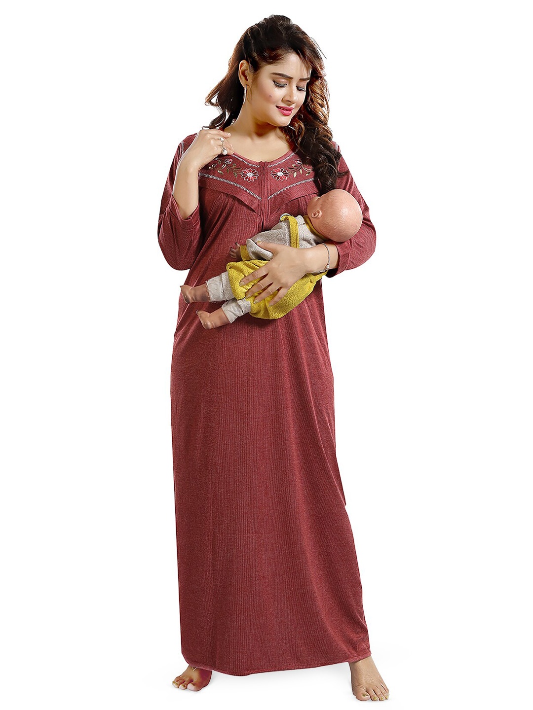 

FOMTI Textured Full Sleeves Maternity Maxi Nightdress, Maroon