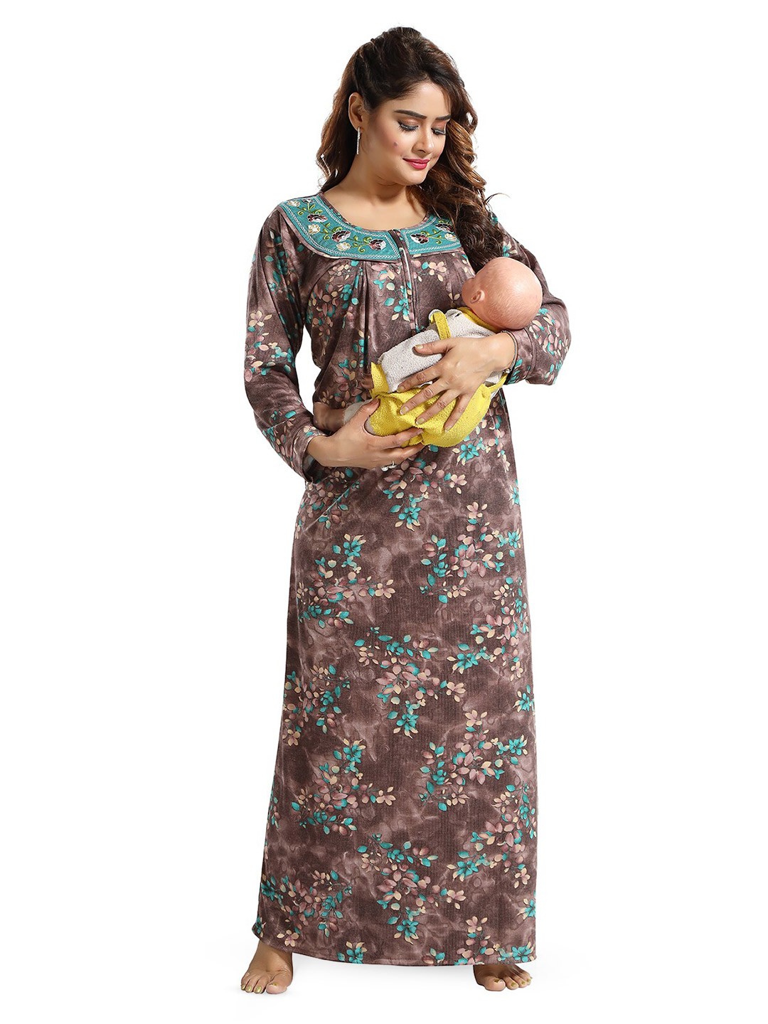 

FOMTI Floral Printed Full Sleeves Maternity Maxi Nightdress, Brown