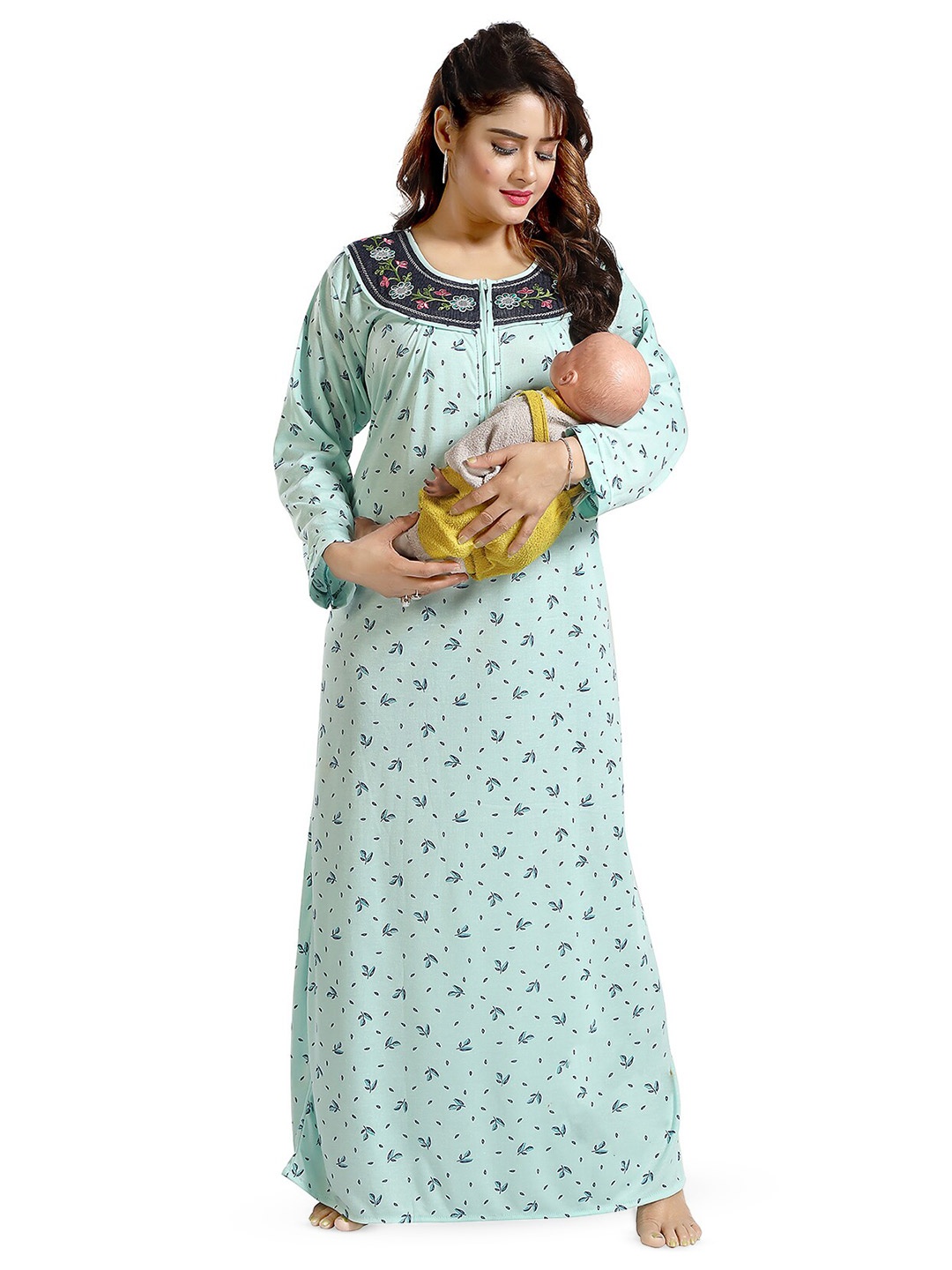 

FOMTI Floral Printed Full Sleeves Maternity Maxi Nightdress, Blue