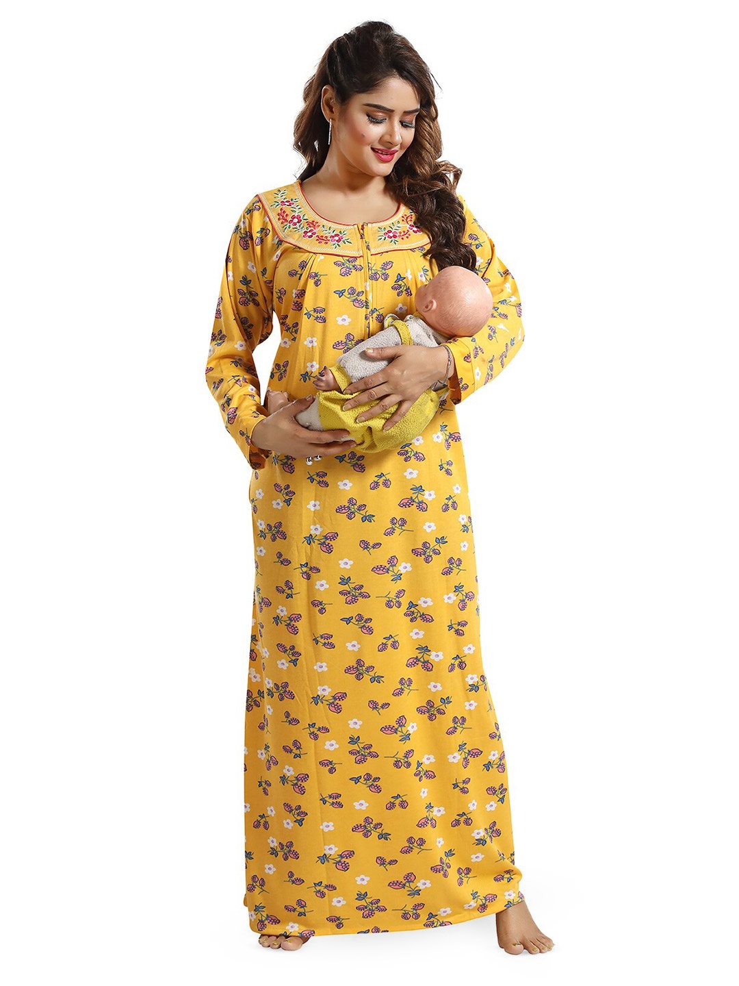 

FOMTI Floral Printed Full Sleeves Maternity Maxi Nightdress, Yellow