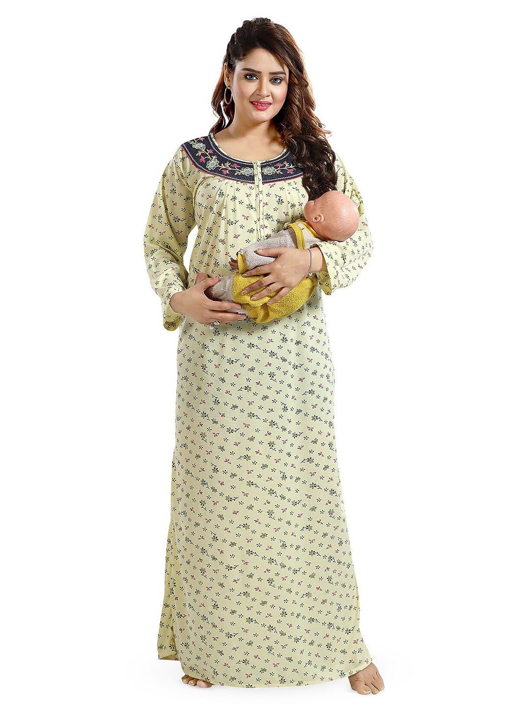 

FOMTI Floral Printed Full Sleeves Maternity Maxi Nightdress, Yellow