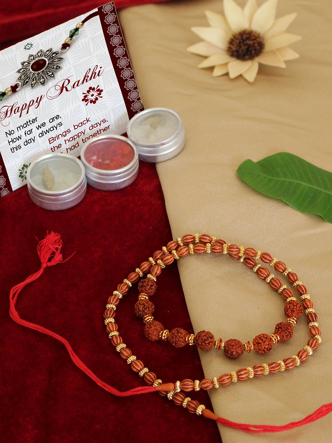 

TIED RIBBONS Rudraksha Rakhi with Roli Chawal & A Card, Brown