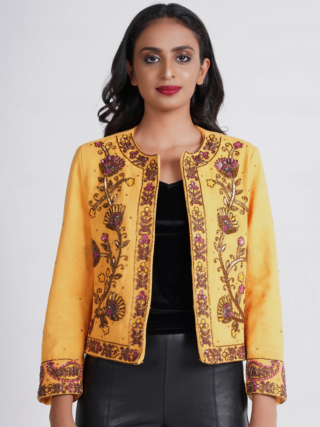 

Diwaah Self Design Sequined Cotton Open Front Jacket, Yellow