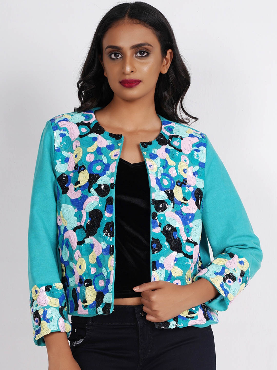 

Diwaah Self Design Sequined Open Front Jacket, Blue