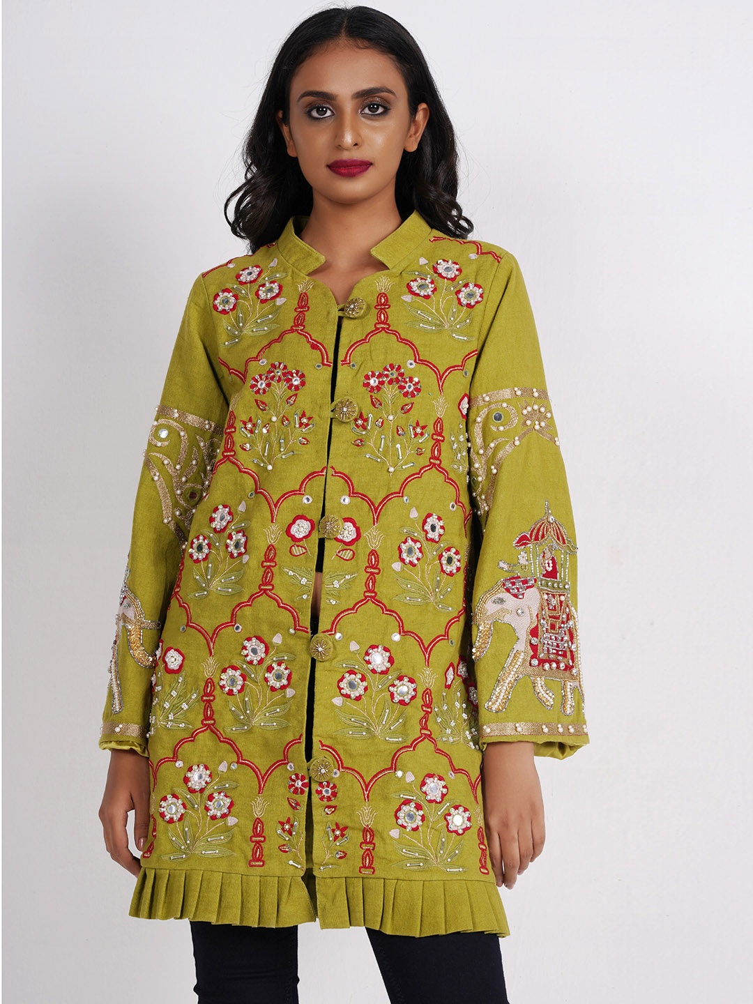 

Diwaah Floral Self Design Sequined Longline Tailored Jacket, Green