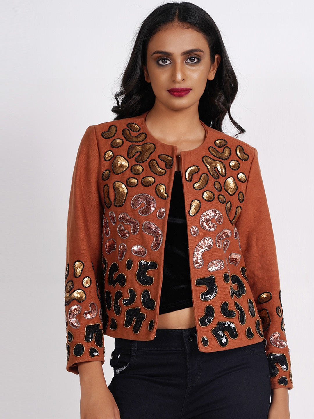 

Diwaah Self Design Sequined Open Front Jacket, Brown