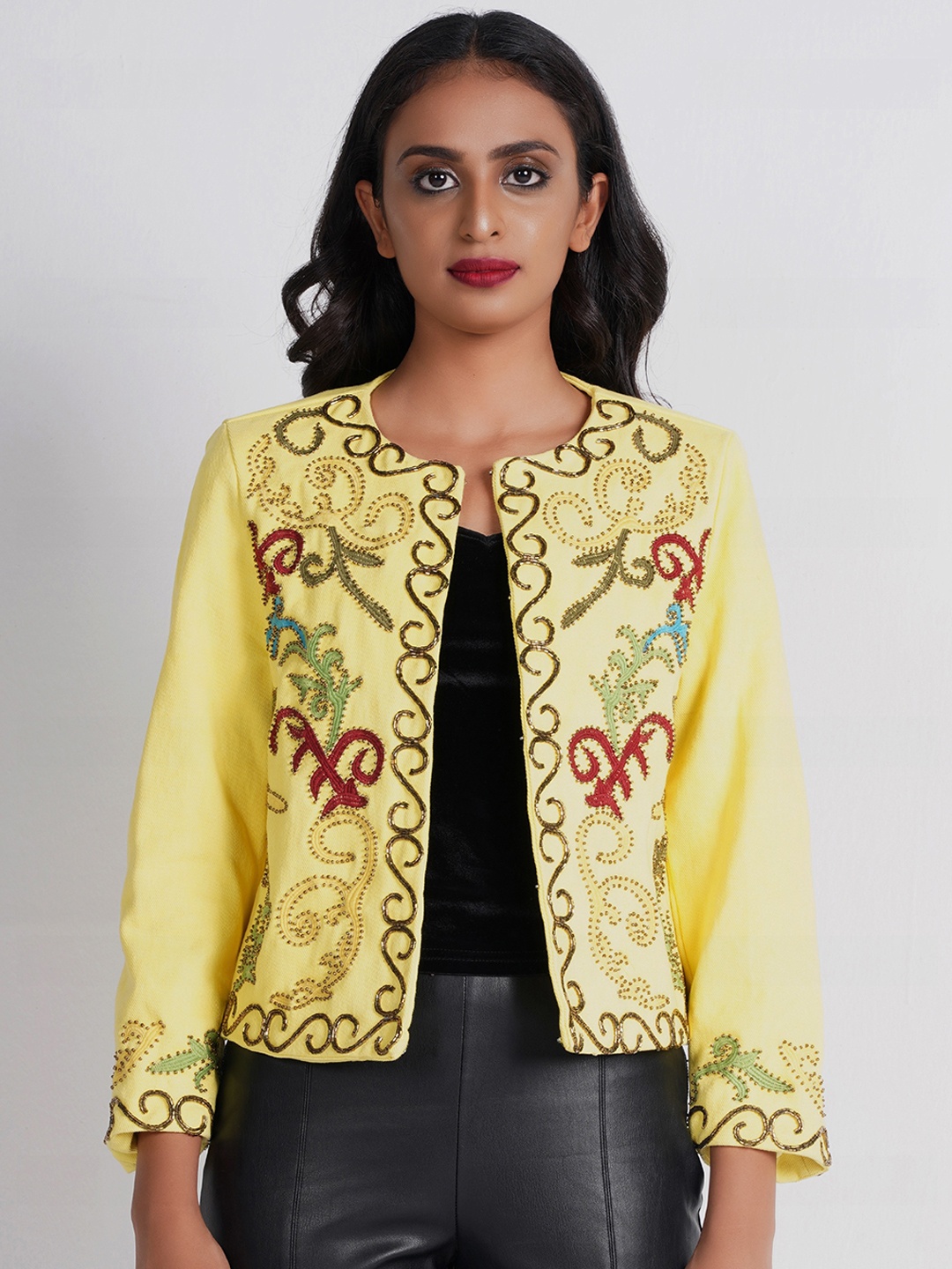 

Diwaah Self Design Sequined Open Front Jacket, Yellow