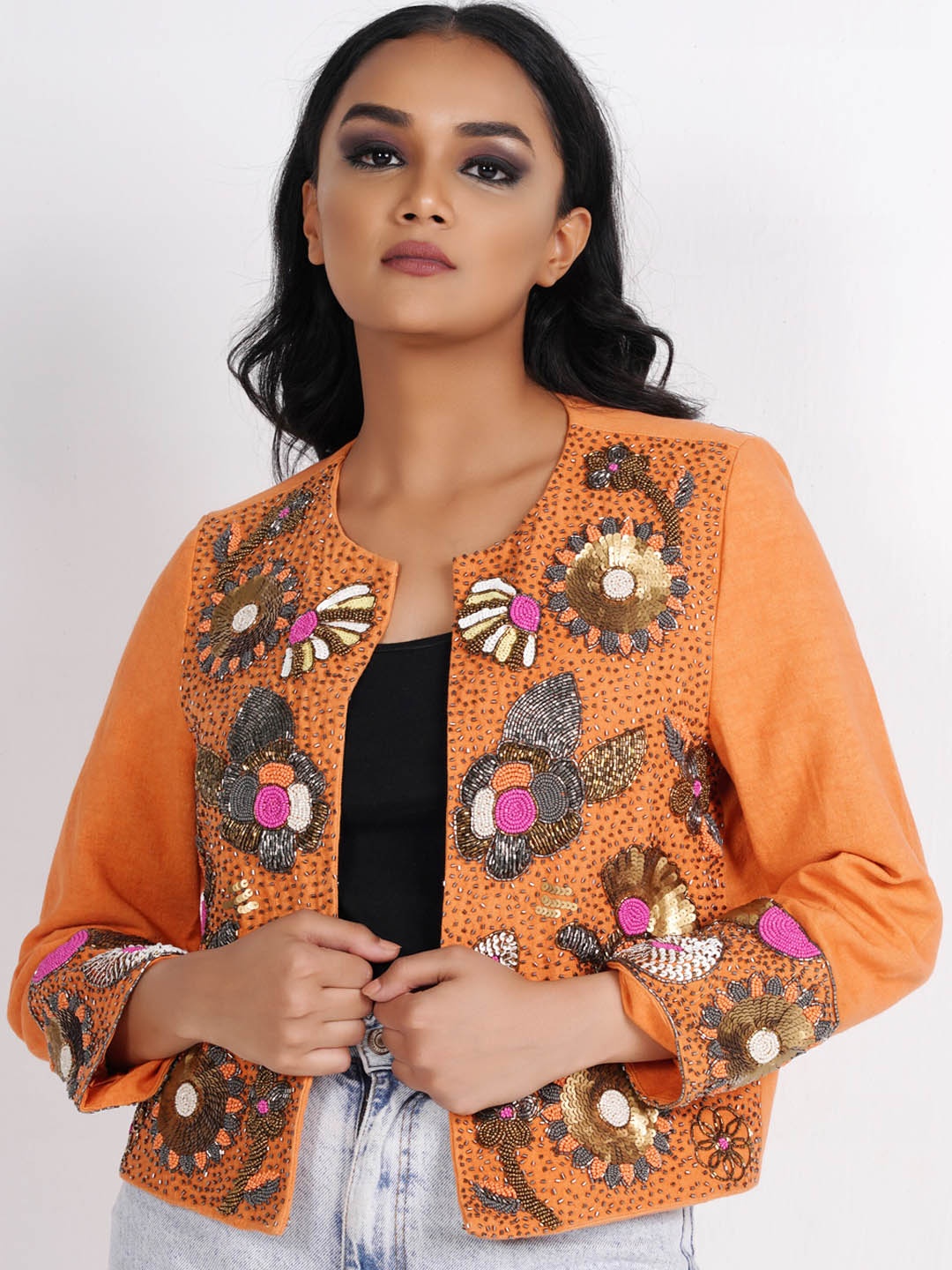 

Diwaah Floral Open Front Pure Cotton Jacket with Embroidered, Orange