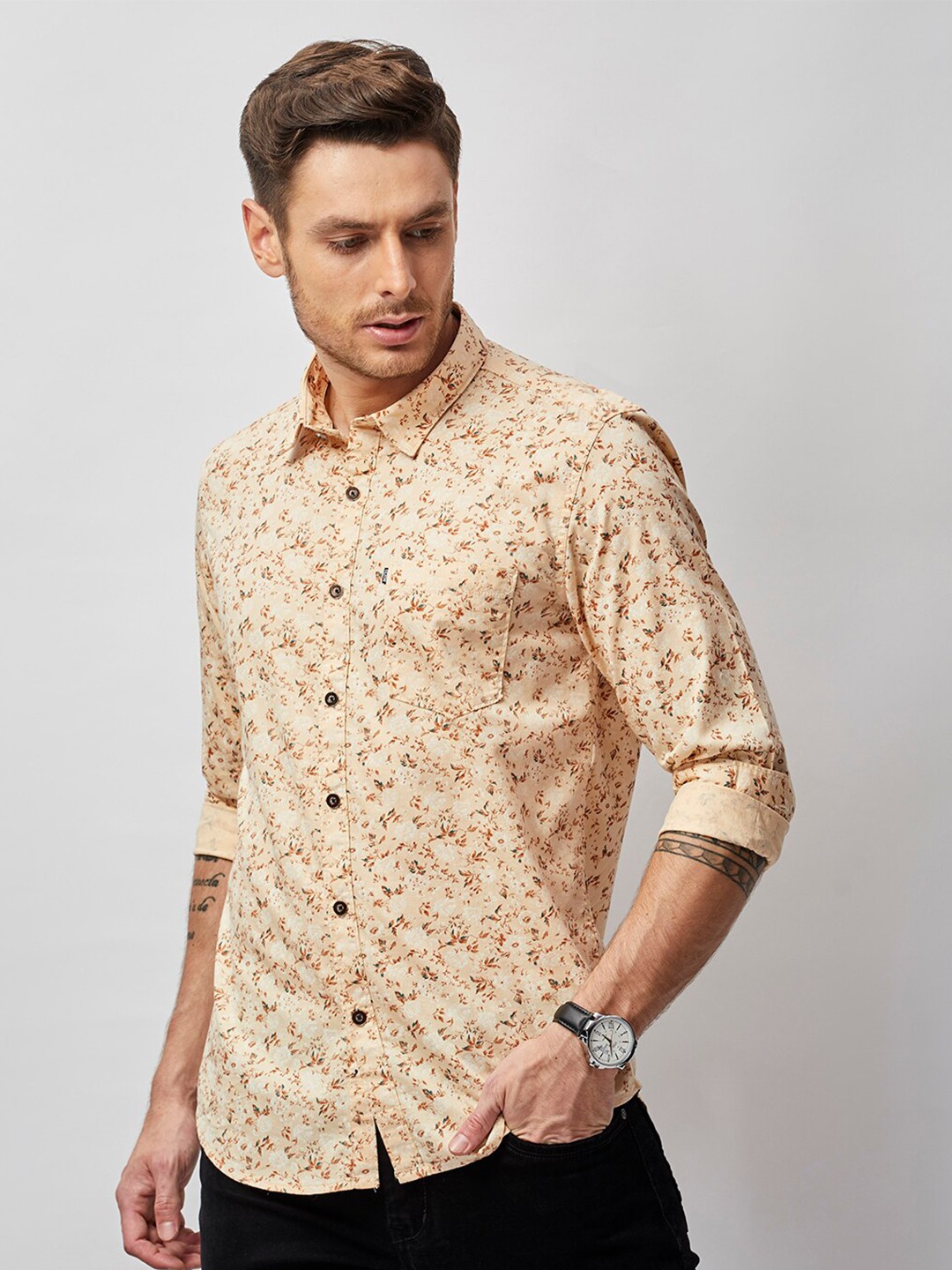 

MOZZO Classic Slim Fit Floral Printed Cotton Casual Shirt, Orange