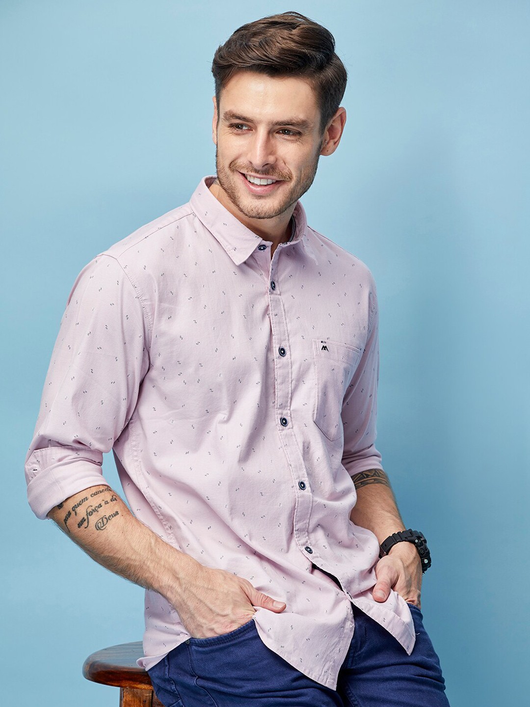 

MOZZO Classic Slim Fit Micro Ditsy Printed Cotton Casual Shirt, Pink