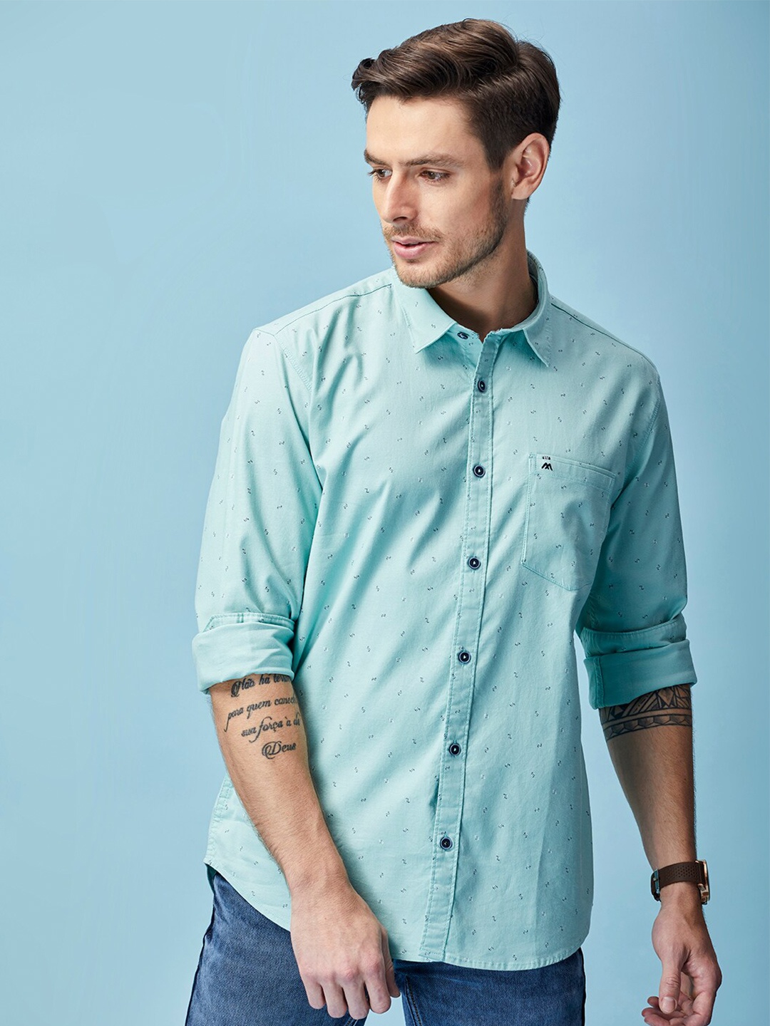 

MOZZO Classic Slim Fit Micro Ditsy Printed Cotton Casual Shirt, Green